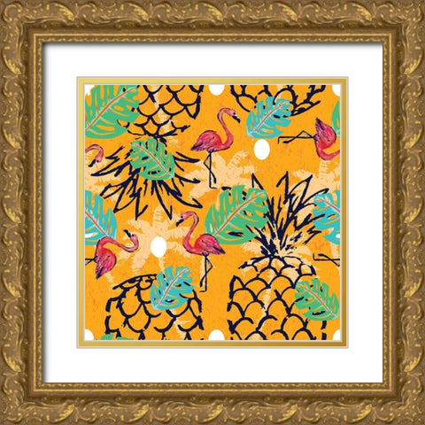 Tropical Pineapple Pattern Gold Ornate Wood Framed Art Print with Double Matting by ND Art and Design