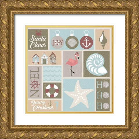Coastal Christmas Collage Gold Ornate Wood Framed Art Print with Double Matting by ND Art and Design