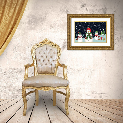 Snowman Family Gold Ornate Wood Framed Art Print with Double Matting by ND Art