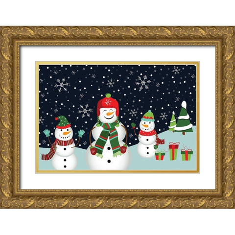 Snowman Family Gold Ornate Wood Framed Art Print with Double Matting by ND Art