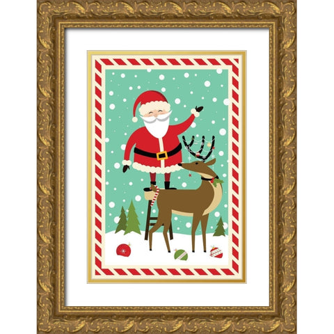 Santa and Reindeer Gold Ornate Wood Framed Art Print with Double Matting by ND Art
