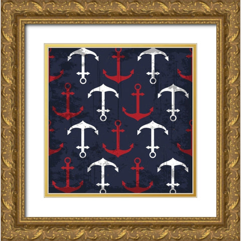Anchor Pattern Gold Ornate Wood Framed Art Print with Double Matting by ND Art