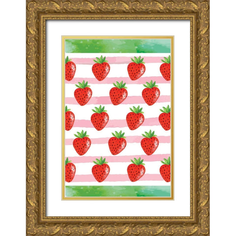 Strawberry Pattern Gold Ornate Wood Framed Art Print with Double Matting by ND Art