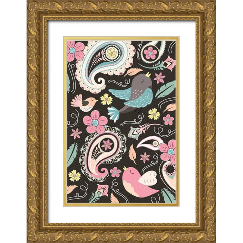 Birds Pattern Gold Ornate Wood Framed Art Print with Double Matting by ND Art