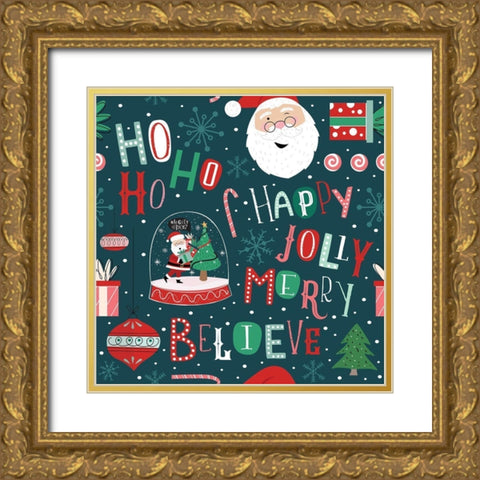 Happy Jolly Merry Pattern III Gold Ornate Wood Framed Art Print with Double Matting by ND Art
