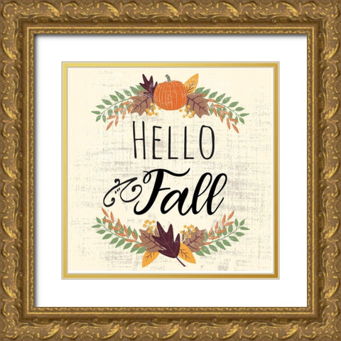 Hello Fall Gold Ornate Wood Framed Art Print with Double Matting by ND Art