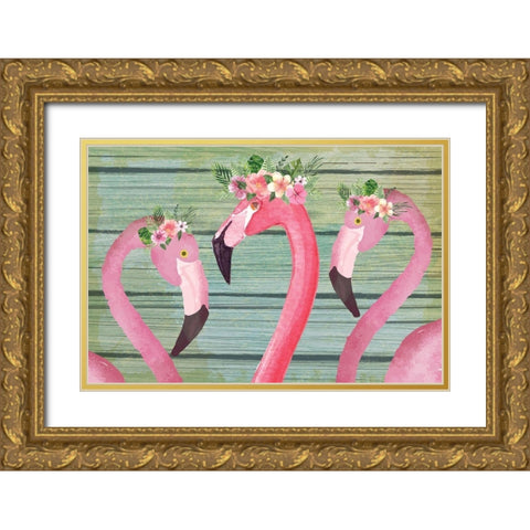 Flamingos Gold Ornate Wood Framed Art Print with Double Matting by ND Art