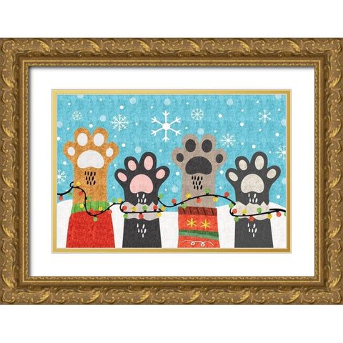 Christmas Paws Gold Ornate Wood Framed Art Print with Double Matting by ND Art