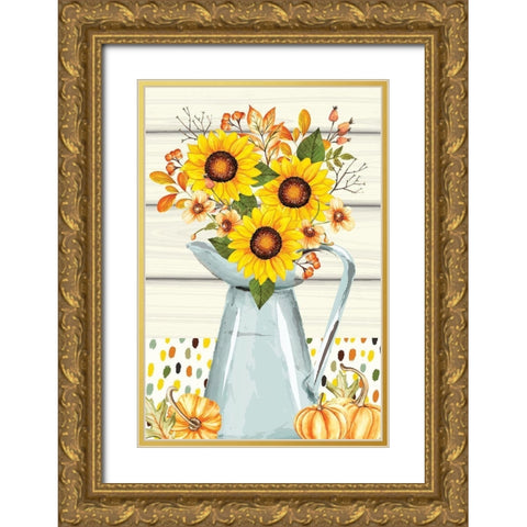 Pumpkins and Sunflowers Gold Ornate Wood Framed Art Print with Double Matting by ND Art