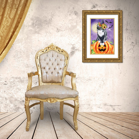 Halloween Cat Gold Ornate Wood Framed Art Print with Double Matting by ND Art