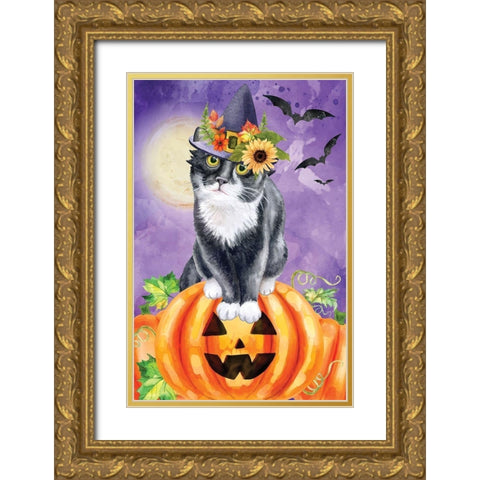 Halloween Cat Gold Ornate Wood Framed Art Print with Double Matting by ND Art