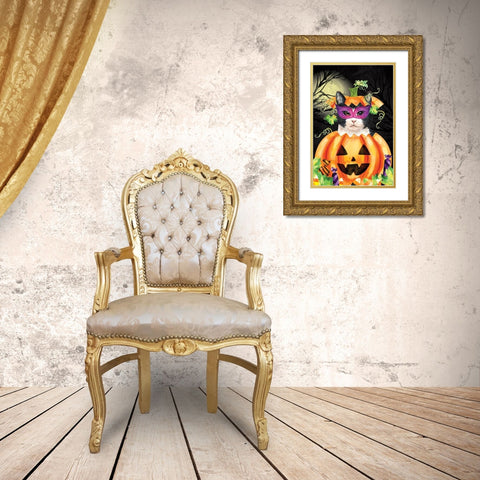 Halloween Cat II Gold Ornate Wood Framed Art Print with Double Matting by ND Art