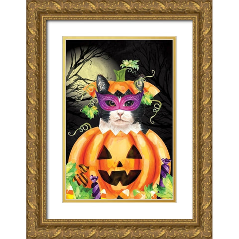 Halloween Cat II Gold Ornate Wood Framed Art Print with Double Matting by ND Art