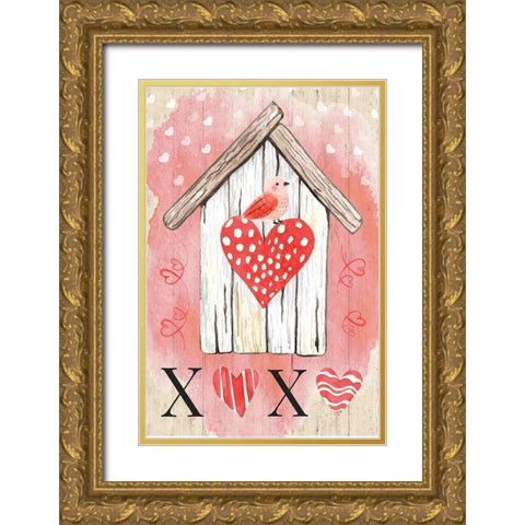 XO Birdhouse Gold Ornate Wood Framed Art Print with Double Matting by ND Art