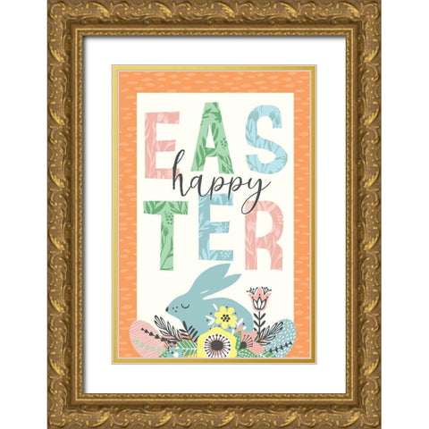 Happy Easter Gold Ornate Wood Framed Art Print with Double Matting by ND Art