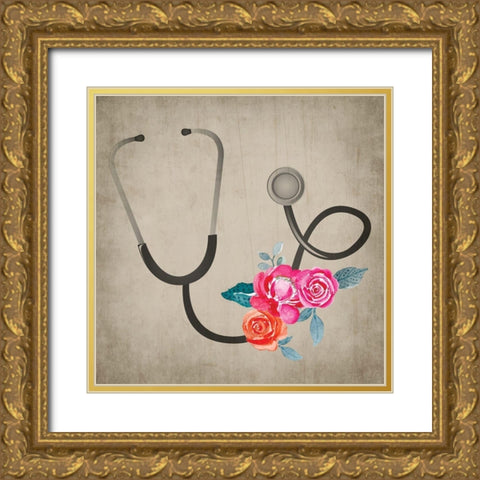 Stethoscope Flowers Gold Ornate Wood Framed Art Print with Double Matting by ND Art