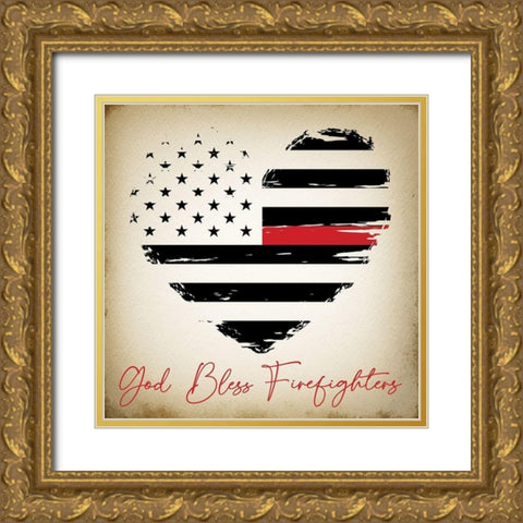 God Bless Firefighters Gold Ornate Wood Framed Art Print with Double Matting by ND Art