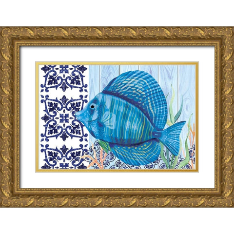 Blue Fish Gold Ornate Wood Framed Art Print with Double Matting by ND Art