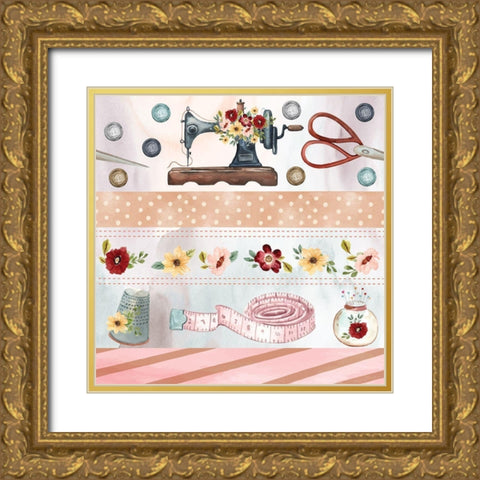 Sewing Pattern II Gold Ornate Wood Framed Art Print with Double Matting by ND Art