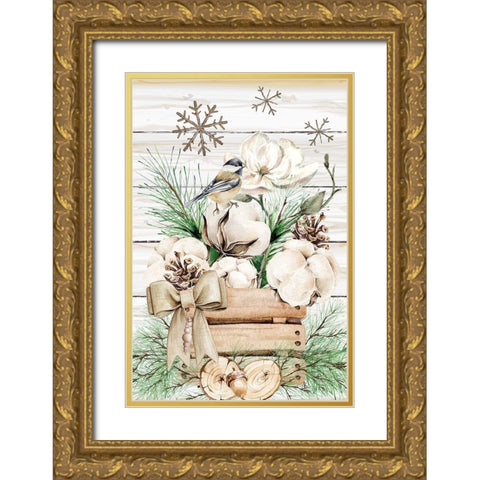 Winter Chickadee Gold Ornate Wood Framed Art Print with Double Matting by ND Art