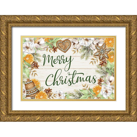 Merry Christmas Gold Ornate Wood Framed Art Print with Double Matting by ND Art