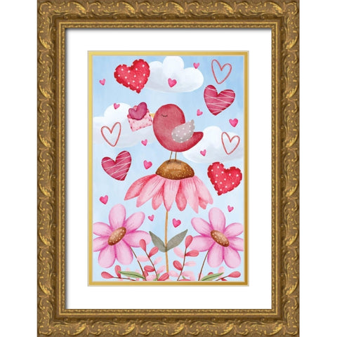 Valentines Birds Gold Ornate Wood Framed Art Print with Double Matting by ND Art