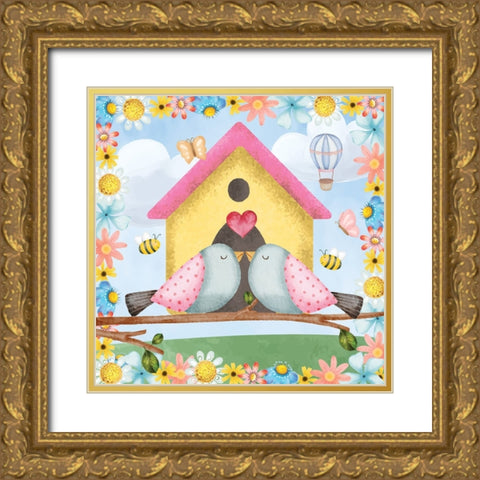 Love Birds Gold Ornate Wood Framed Art Print with Double Matting by ND Art