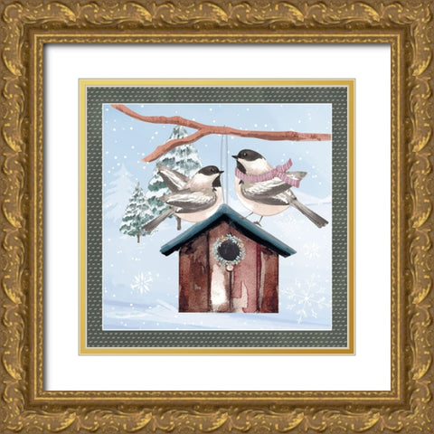 Winter Chickadees Gold Ornate Wood Framed Art Print with Double Matting by ND Art