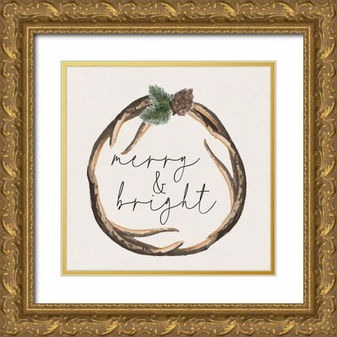 Merry and Bright Gold Ornate Wood Framed Art Print with Double Matting by ND Art