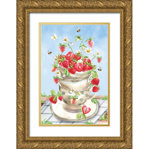 Strawberries Gold Ornate Wood Framed Art Print with Double Matting by ND Art