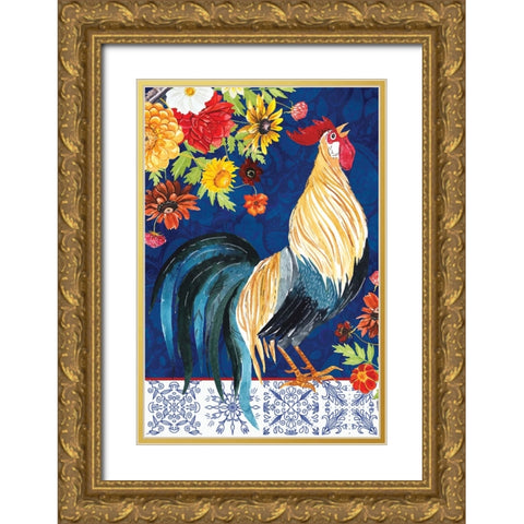 Rooster Gold Ornate Wood Framed Art Print with Double Matting by ND Art