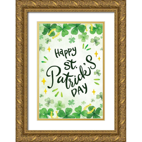 Happy St. Patricks Day Gold Ornate Wood Framed Art Print with Double Matting by ND Art