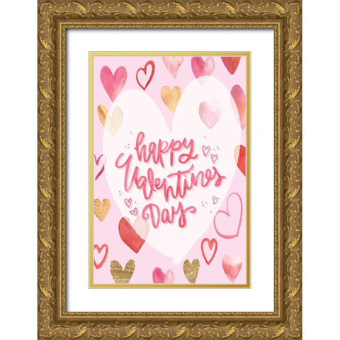 Happy Valentines Day Gold Ornate Wood Framed Art Print with Double Matting by ND Art