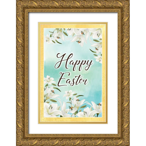 Happy Easter Gold Ornate Wood Framed Art Print with Double Matting by ND Art