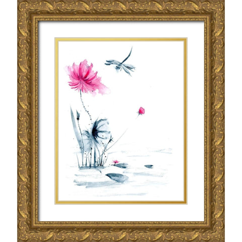 Pink Flower and a Lily Pad II Gold Ornate Wood Framed Art Print with Double Matting by Shefranov, Olga