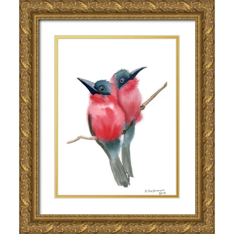 Red Bird Buddies Gold Ornate Wood Framed Art Print with Double Matting by Shefranov, Olga