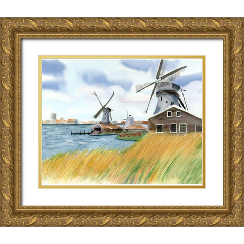 Windmills Gold Ornate Wood Framed Art Print with Double Matting by Shefranov, Olga