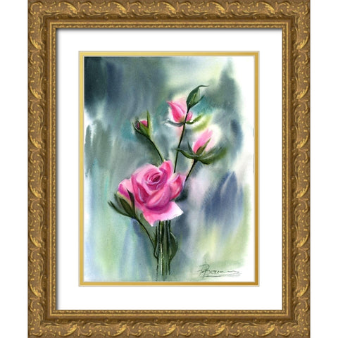 Pink Roses Gold Ornate Wood Framed Art Print with Double Matting by Shefranov, Olga