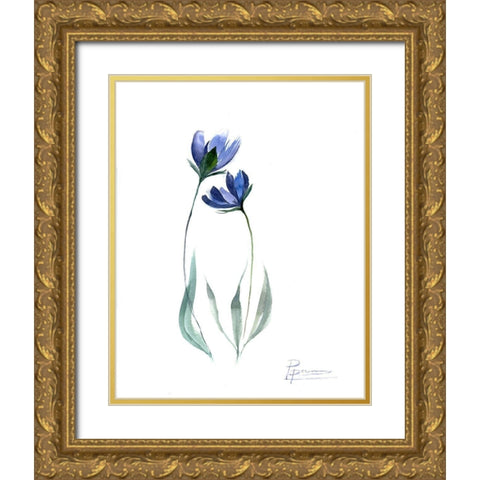 Blue Flowers Gold Ornate Wood Framed Art Print with Double Matting by Shefranov, Olga