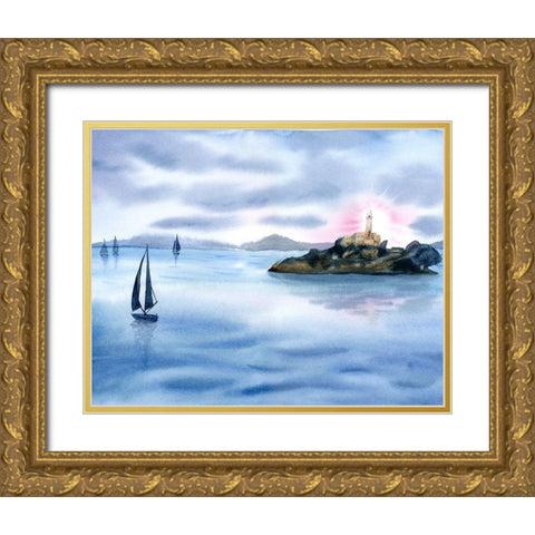 Sailboats Gold Ornate Wood Framed Art Print with Double Matting by Shefranov, Olga