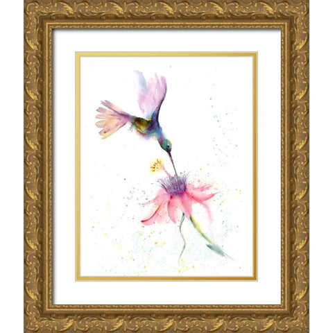 Pink Flower Hummingbird Gold Ornate Wood Framed Art Print with Double Matting by Shefranov, Olga
