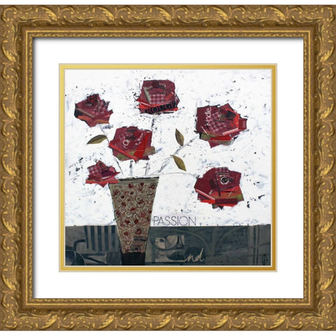 Paper Roses Gold Ornate Wood Framed Art Print with Double Matting by P.S. Art Studios