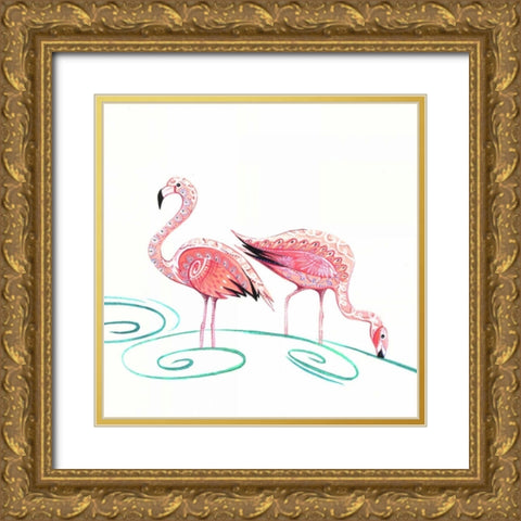 Flamingos Gold Ornate Wood Framed Art Print with Double Matting by P.S. Art Studios