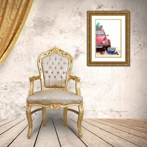 Car on Beach Gold Ornate Wood Framed Art Print with Double Matting by P.S. Art Studios