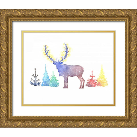 Holiday Elk Gold Ornate Wood Framed Art Print with Double Matting by P.S. Art Studios