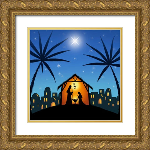 In a Manger Gold Ornate Wood Framed Art Print with Double Matting by P.S. Art Studios