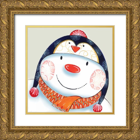 Penguin Snowman Gold Ornate Wood Framed Art Print with Double Matting by P.S. Art Studios