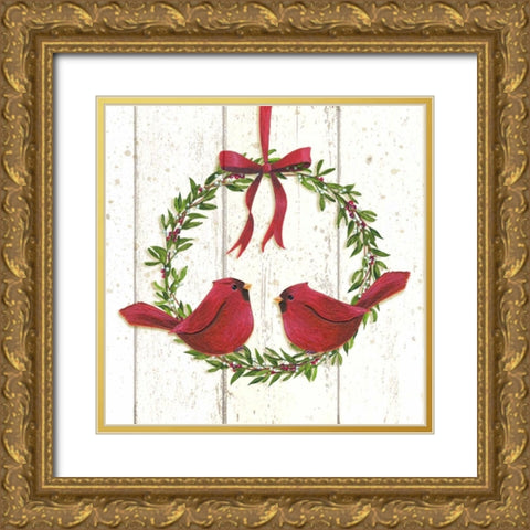 Cardinal Wreath Gold Ornate Wood Framed Art Print with Double Matting by P.S. Art Studios