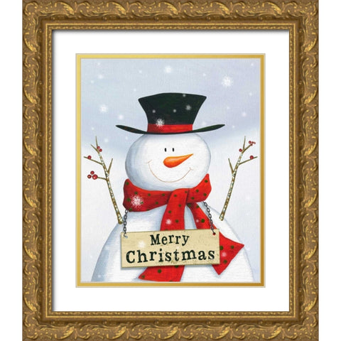 Merry Christmas Snowman Gold Ornate Wood Framed Art Print with Double Matting by P.S. Art Studios