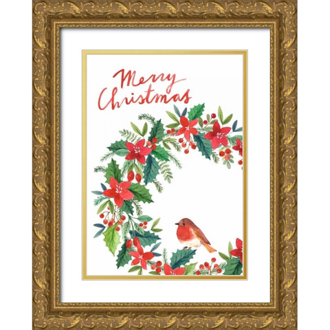 Merry Christmas Wreath Gold Ornate Wood Framed Art Print with Double Matting by P.S. Art Studios